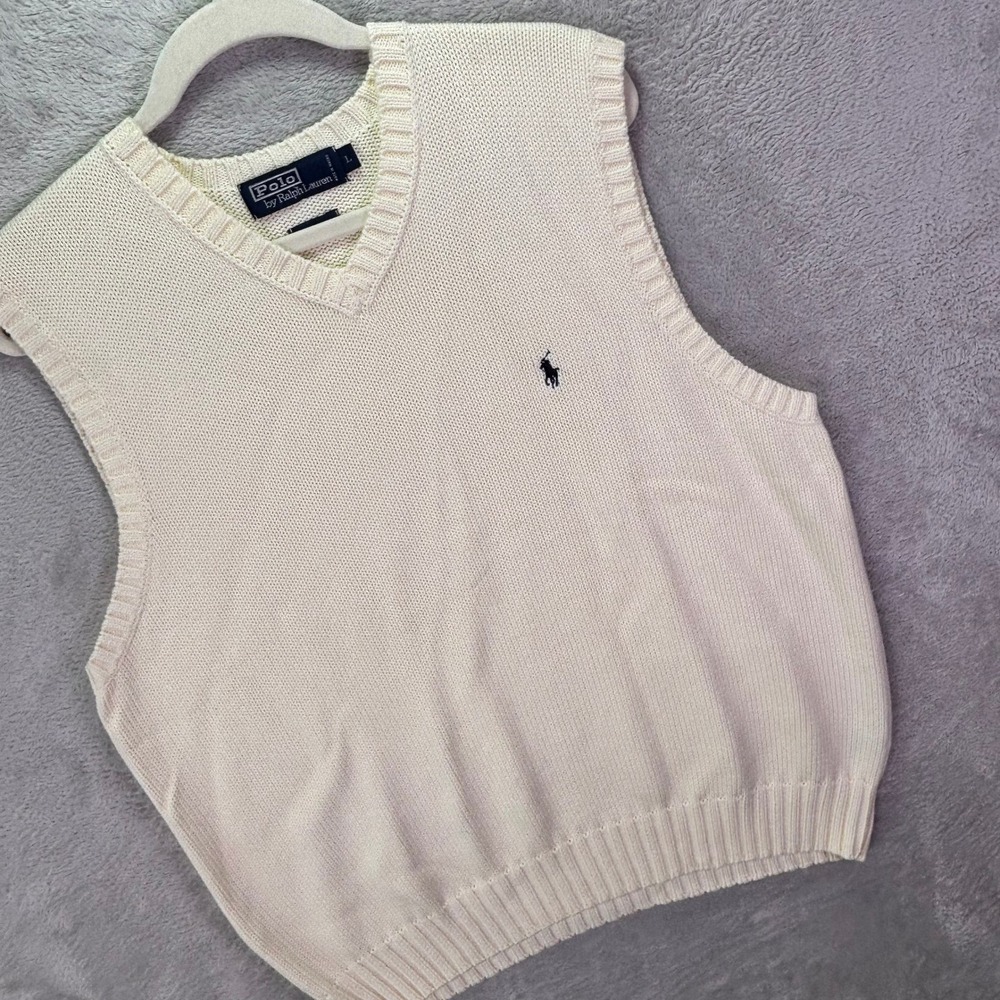Polo Ralph Lauren Mens Sweater Vest Large Cream V-Neck Cotton Knit Pony Logo